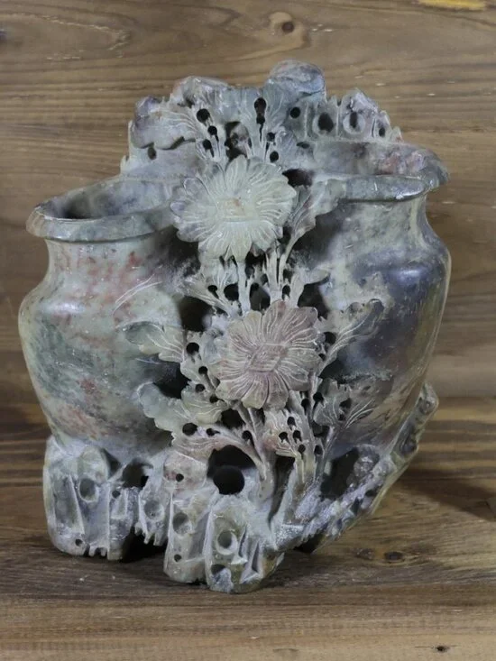 Vintage Chinese Carved Soapstone Double Vase With Flowers and Leaves 6. 5" tall - Picture 2 of 7
